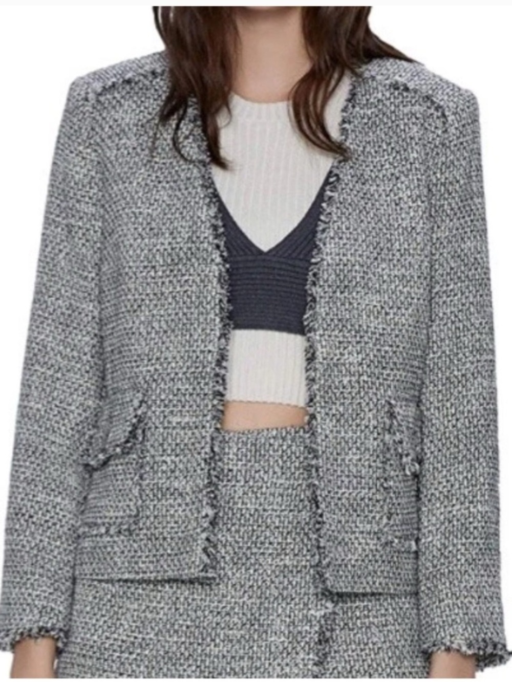 Zara Black and White Tweed Cotton Fray Blazer
